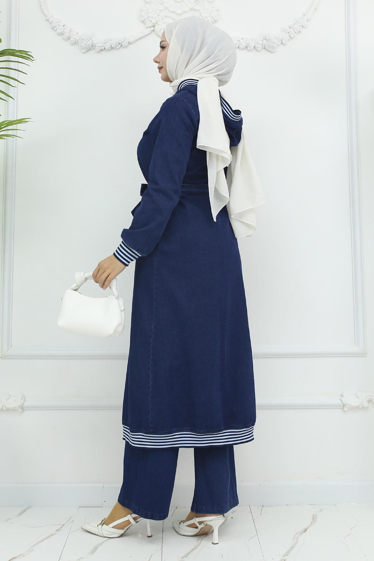 Kapşonlu Ribanalı Kot Takım Koyu Kot 19244