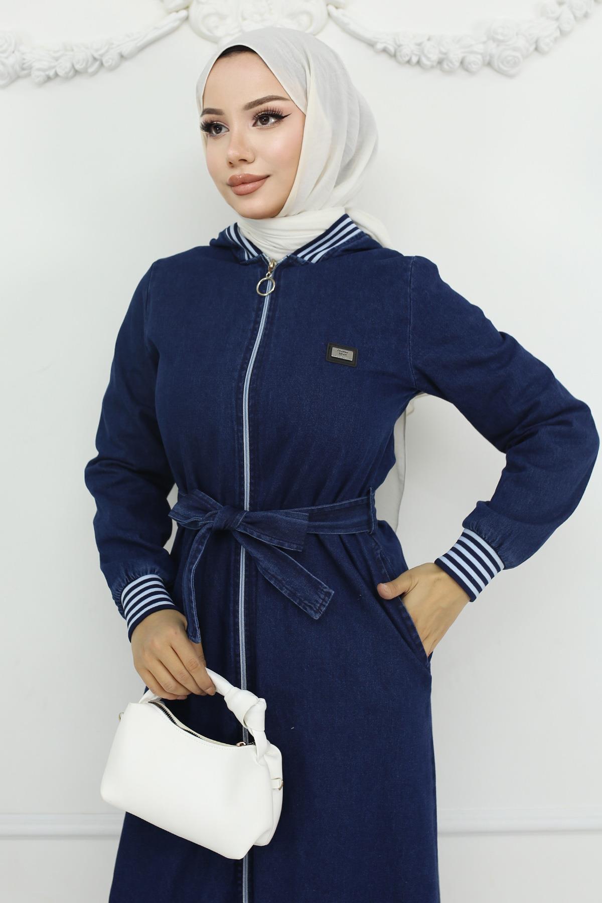 Kapşonlu Ribanalı Kot Takım Koyu Kot 19244