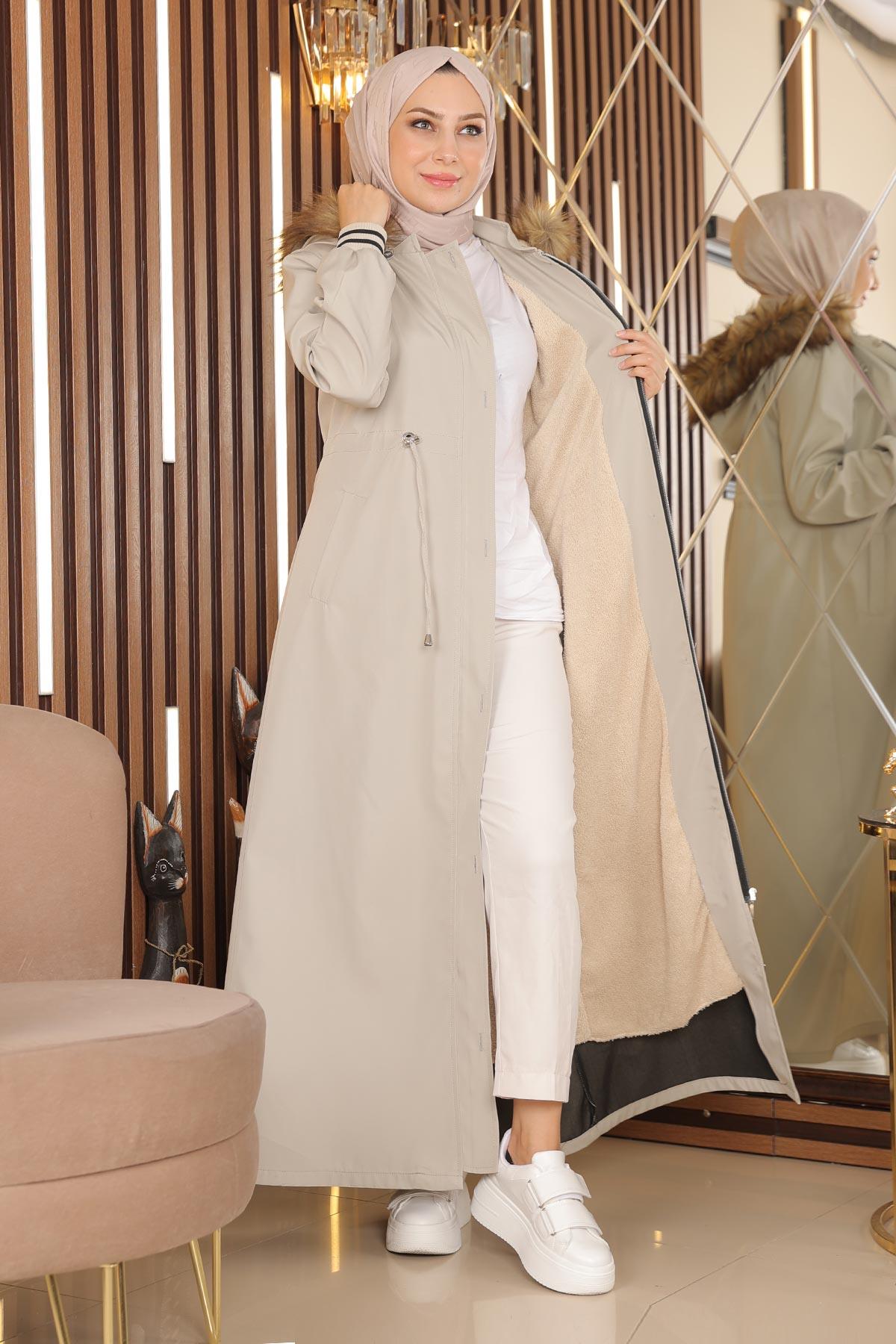 Kapşonlu Ribanalı Mont Bej 15500