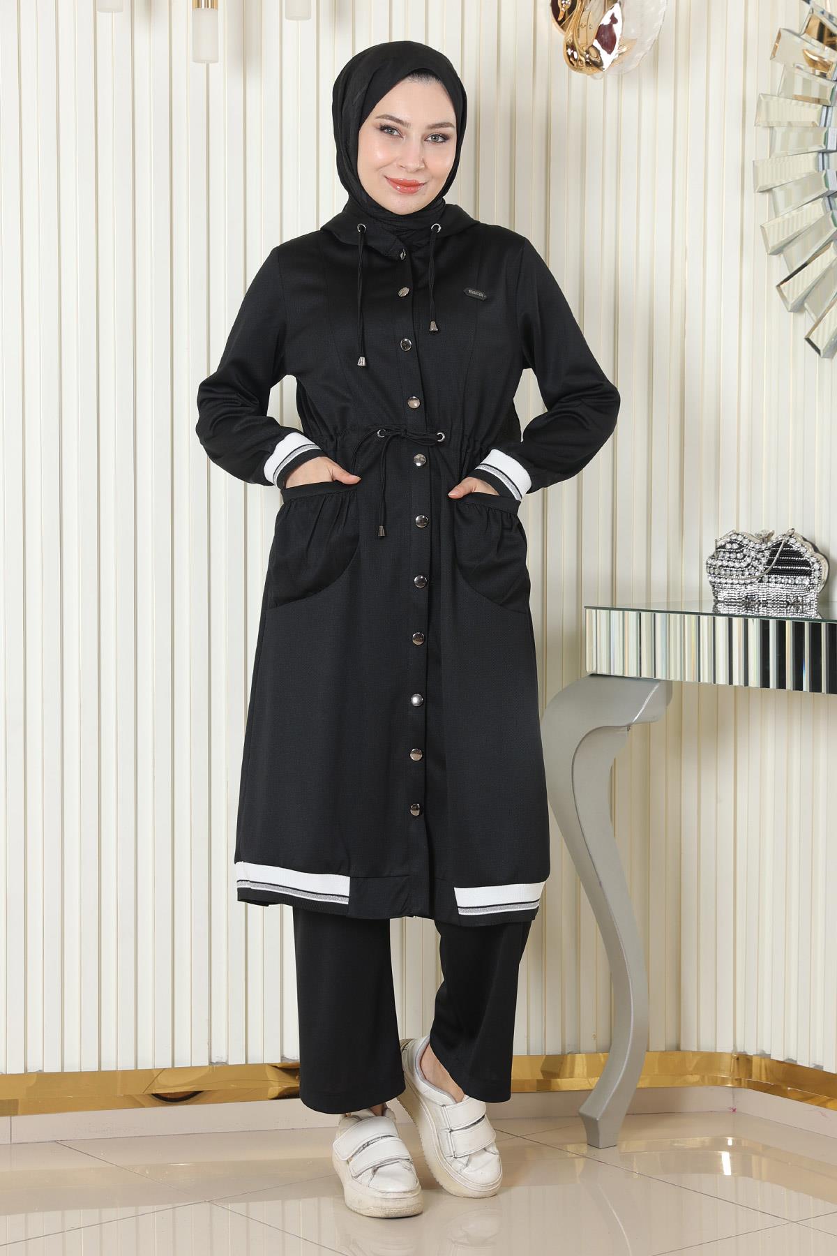 Kapşonlu Ribanalı Takım Siyah Siyah MSW19196-1