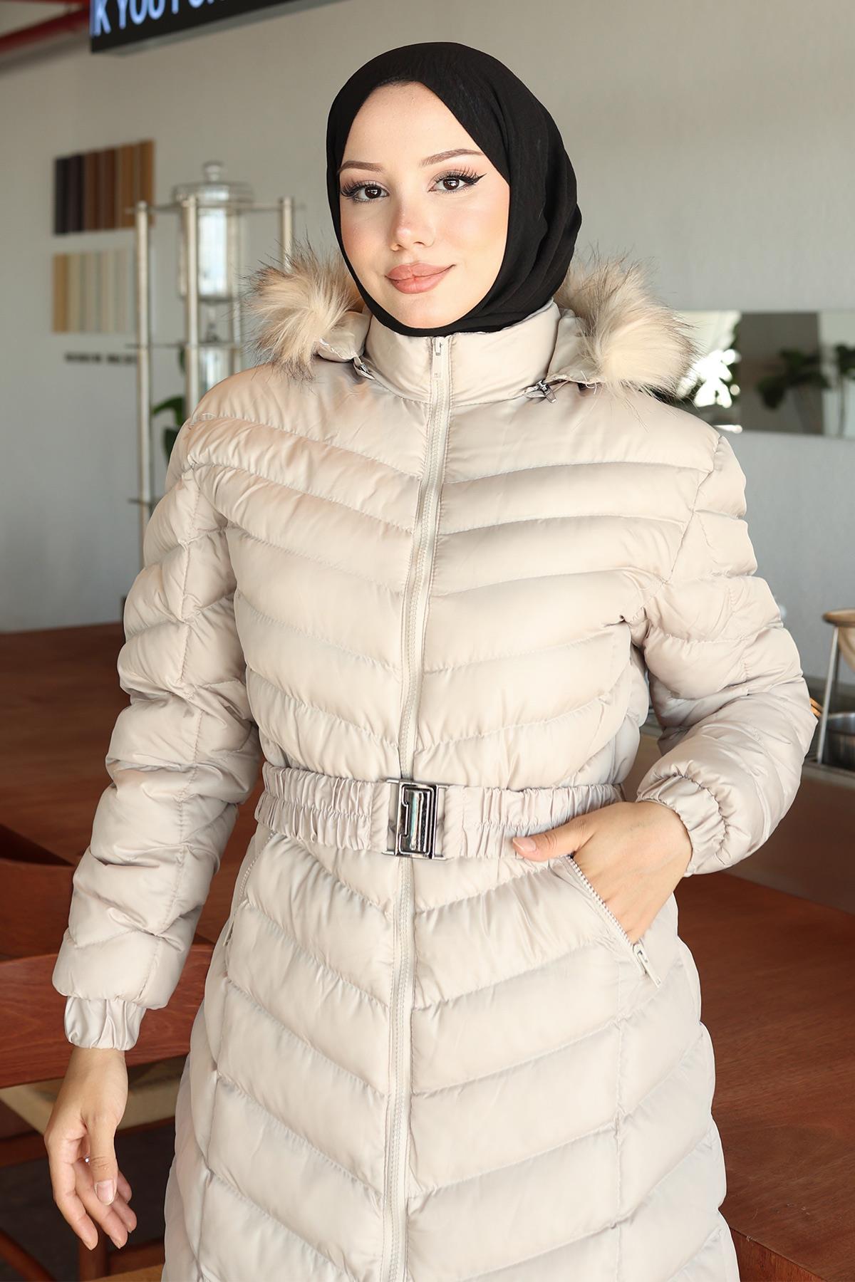 Kapşonlu Şişme Mont Bej 6155