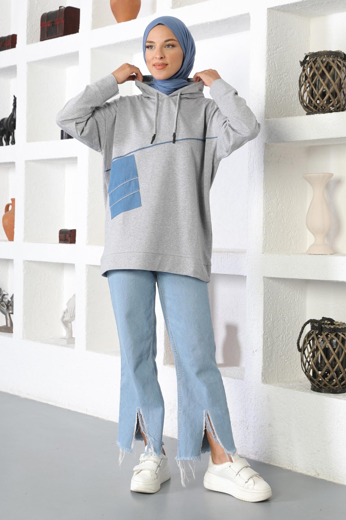 Kapşonlu Sweatshirt Gri 6042