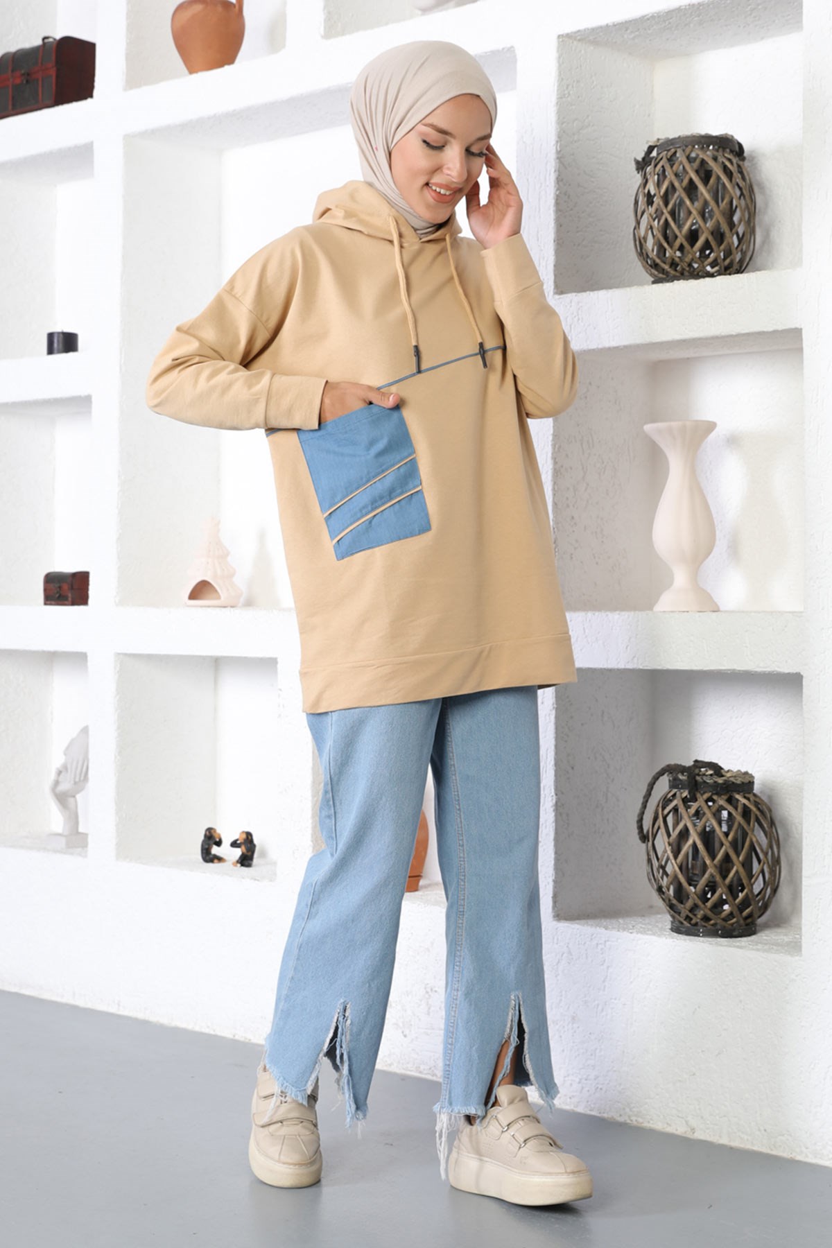 Kapşonlu Sweatshirt Vizon 6042
