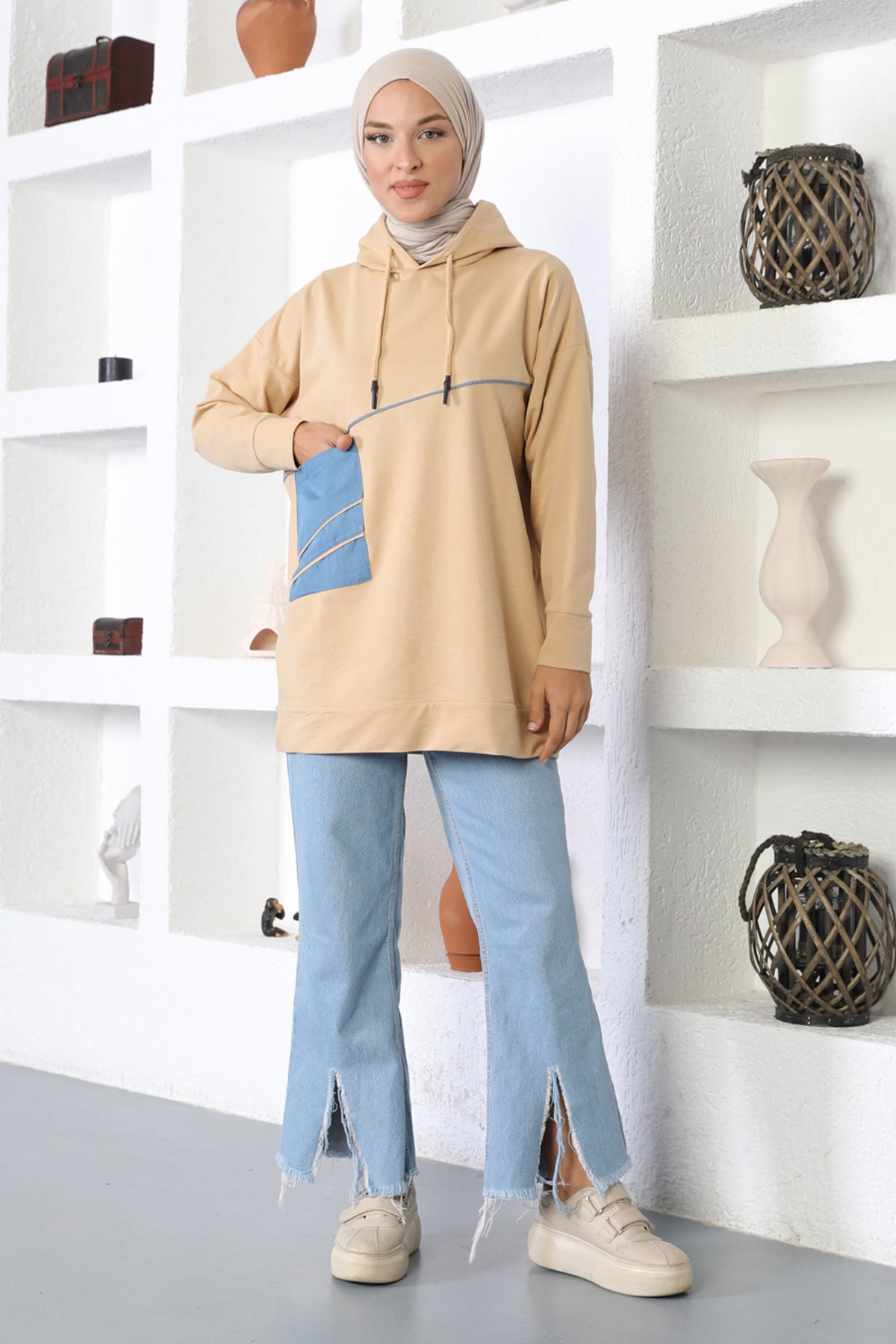 Kapşonlu Sweatshirt Vizon 6042