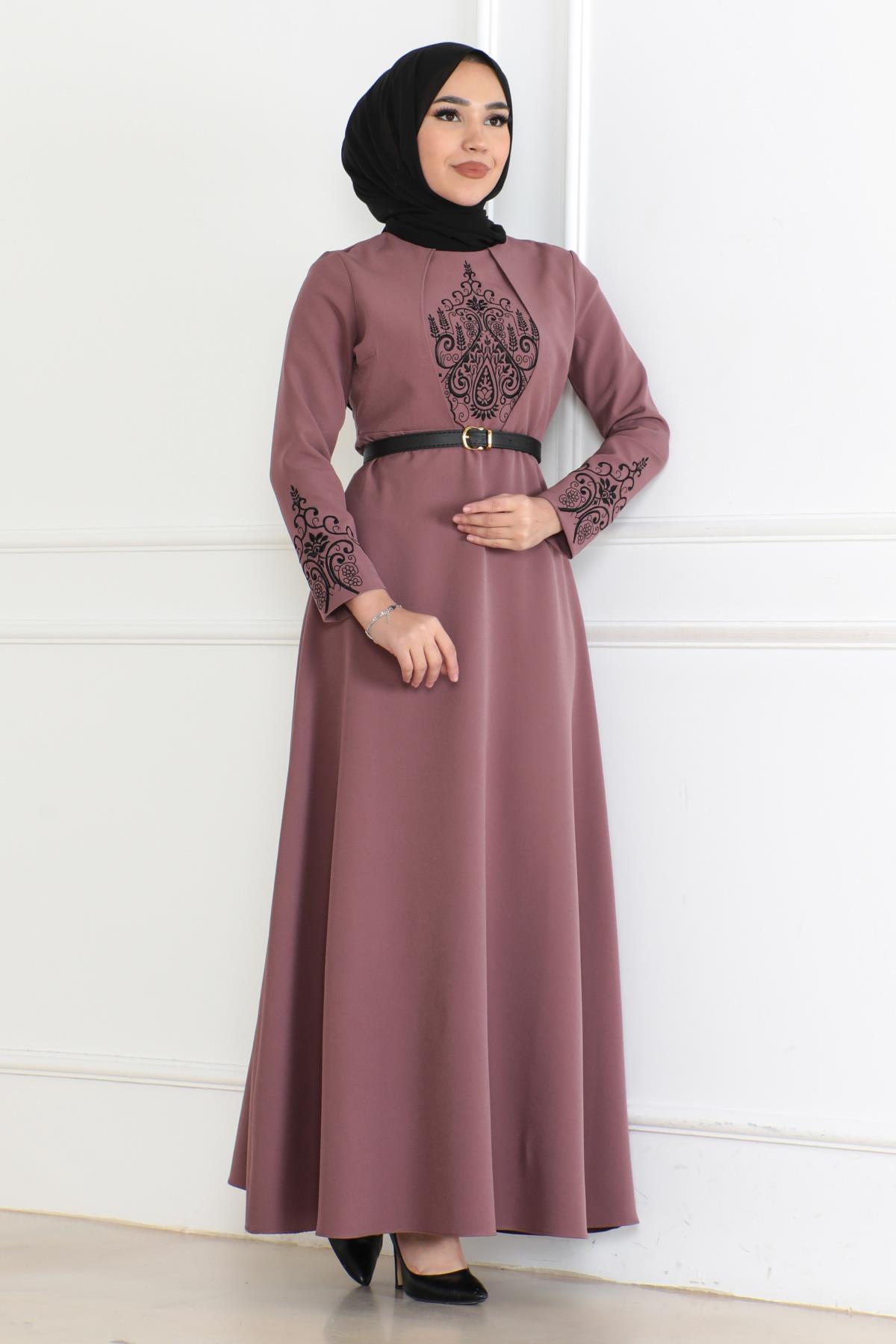 Kemer Detaylı Elbise Gül Kurusu 6116