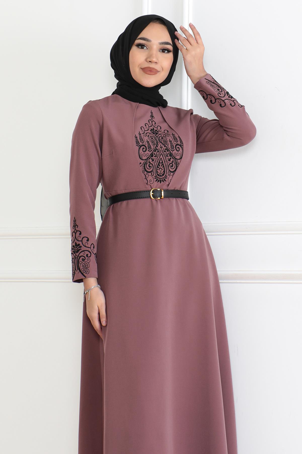 Kemer Detaylı Elbise Gül Kurusu 6116