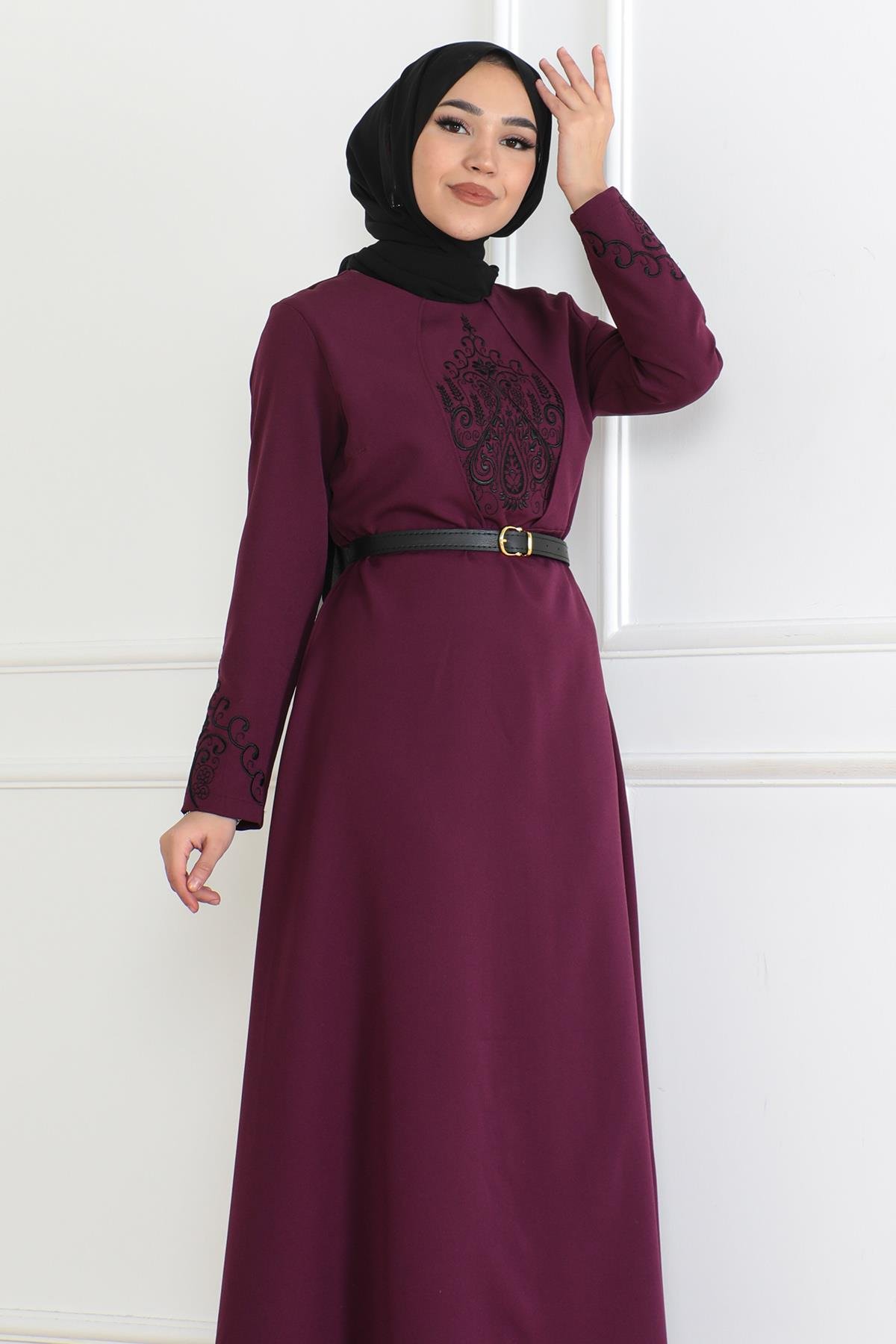 Kemer Detaylı Elbise Mürdüm 6116