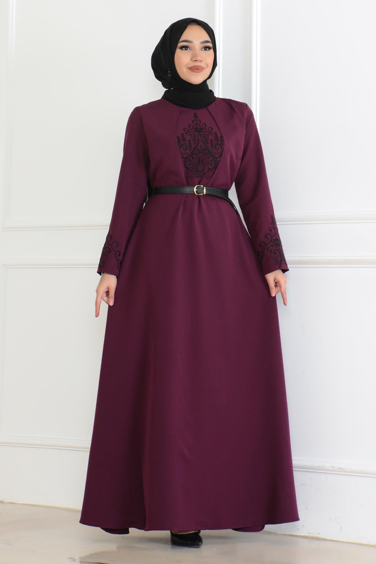 Kemer Detaylı Elbise Mürdüm 6116