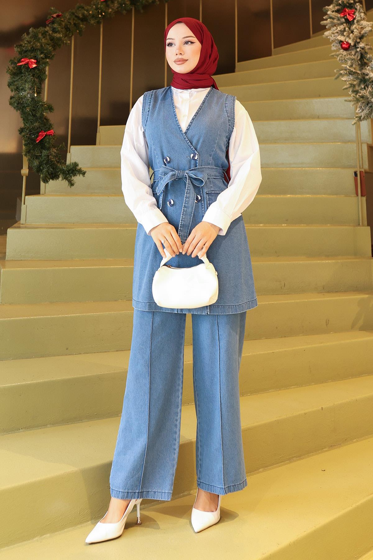 Kemer Detaylı İkili Takım Açık Kot 19232