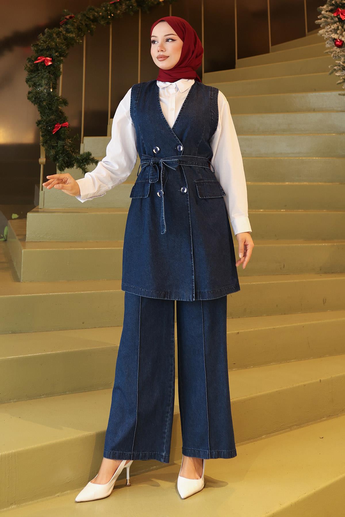 Kemer Detaylı İkili Takım Koyu Kot 19232