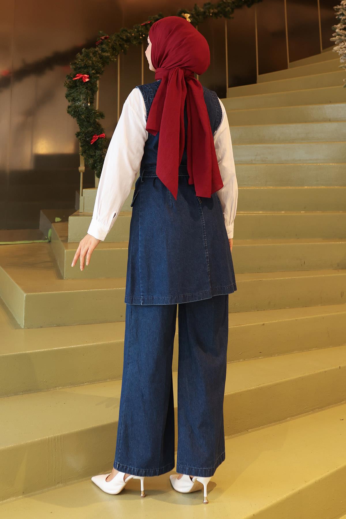 Kemer Detaylı İkili Takım Koyu Kot 19232