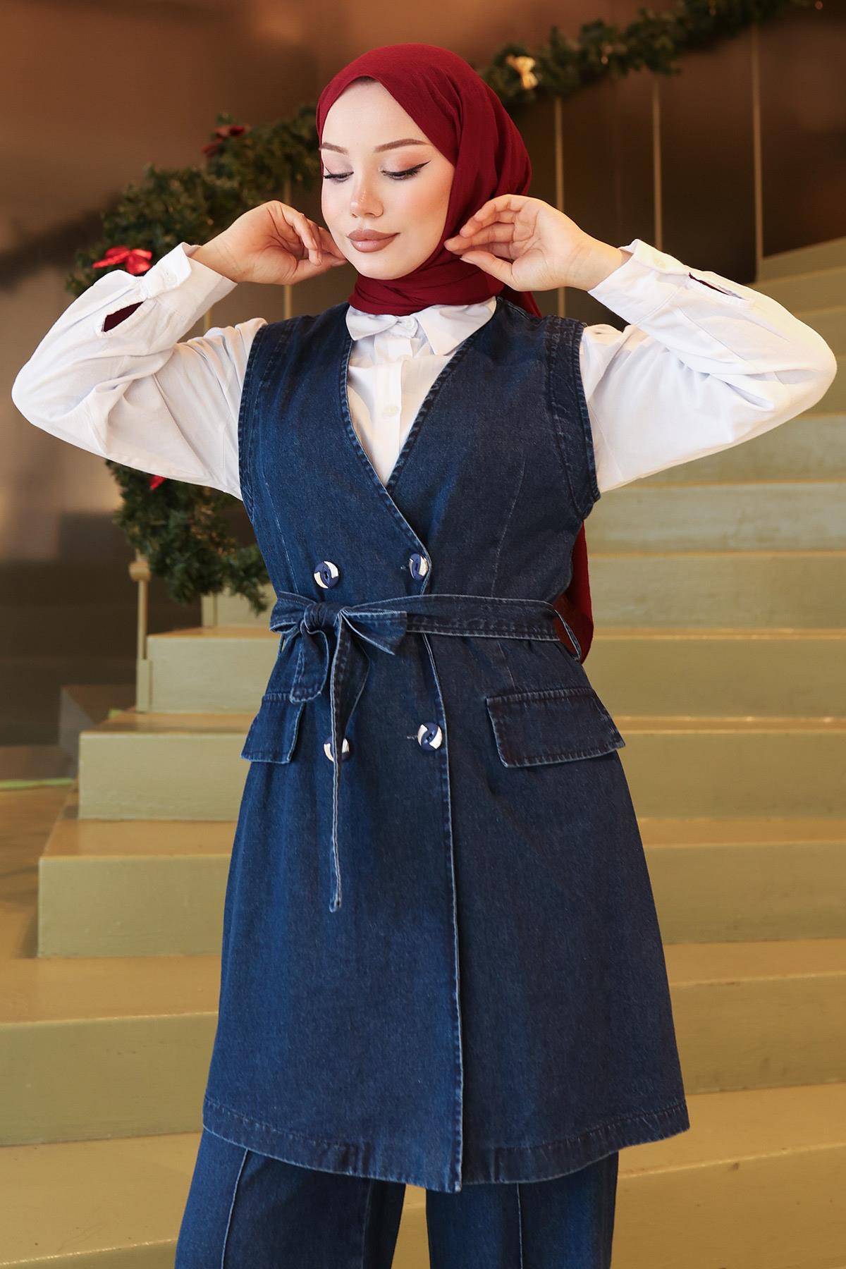 Kemer Detaylı İkili Takım Koyu Kot 19232