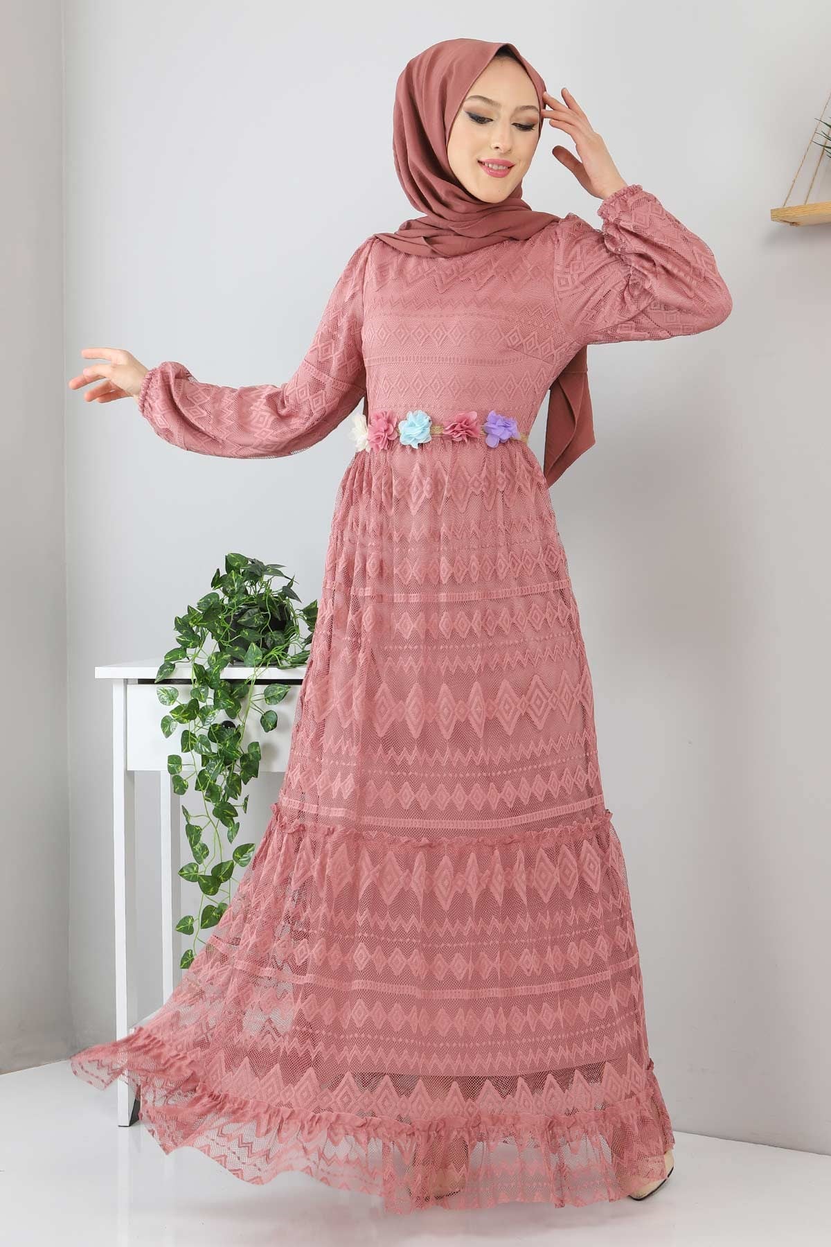 Kemeri Çiçekli Elbise Gül Kurusu 10241