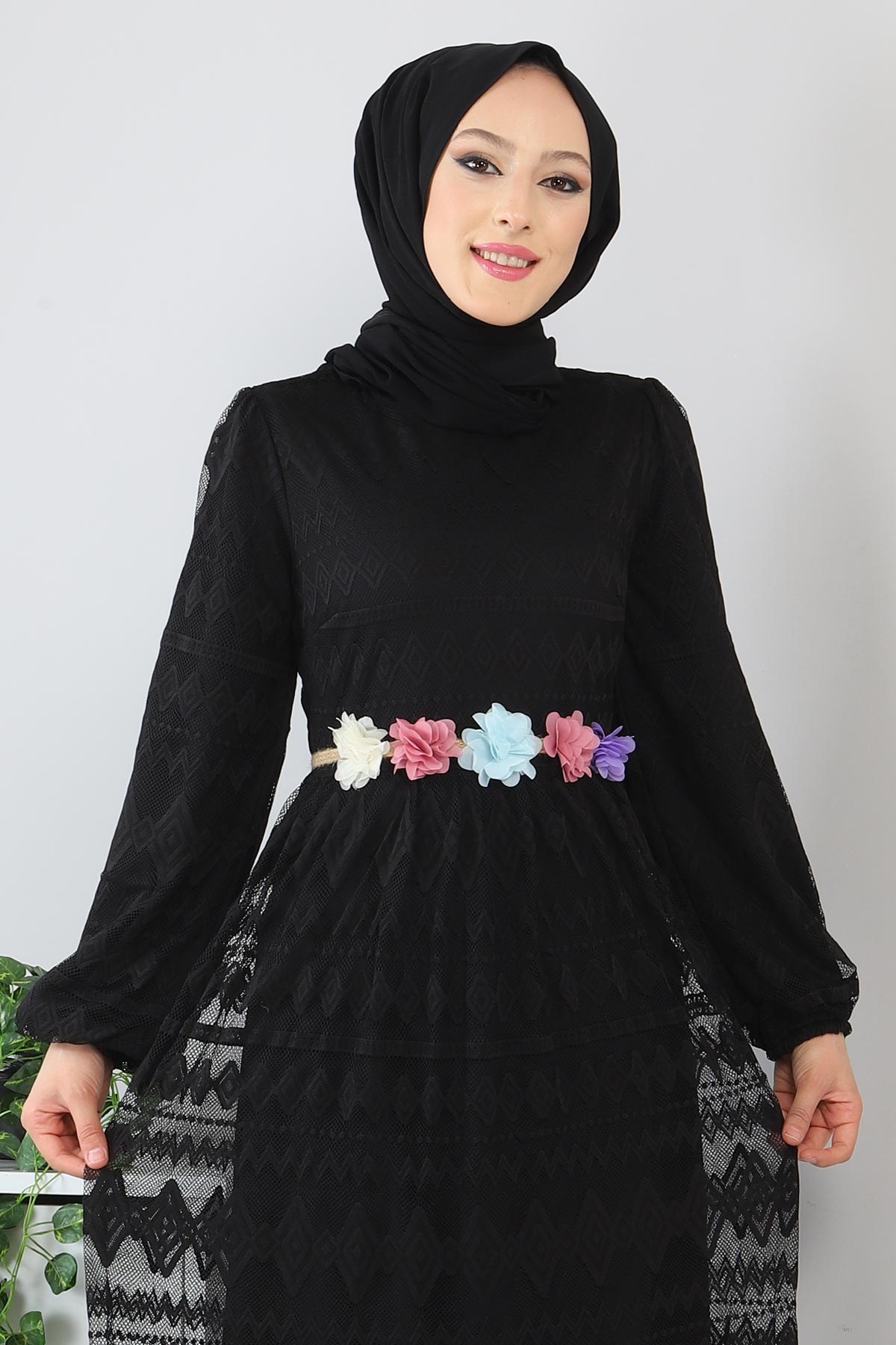 Kemeri Çiçekli Elbise Siyah 10241