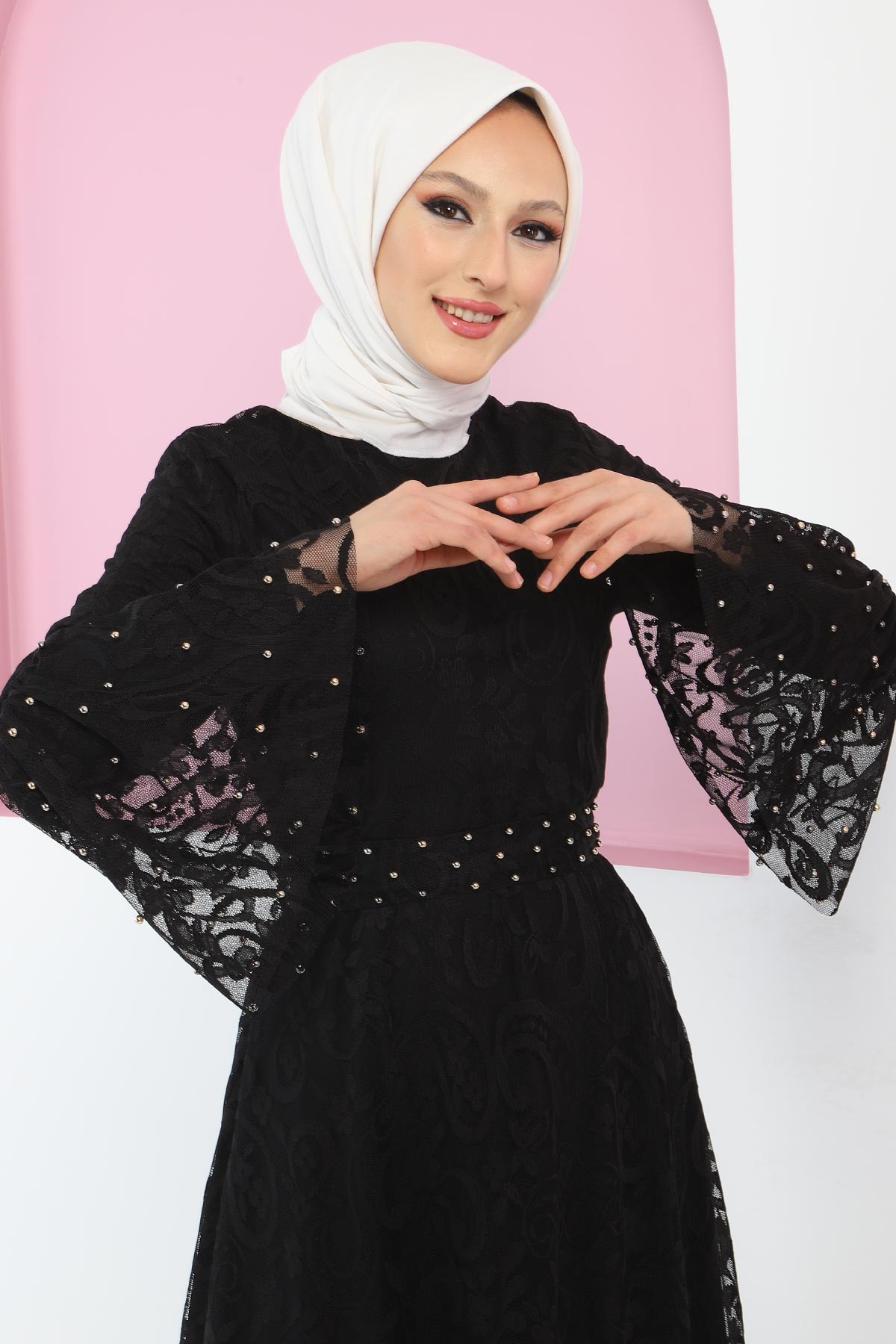 Kemeri İncili Dantel Elbise Siyah 13302