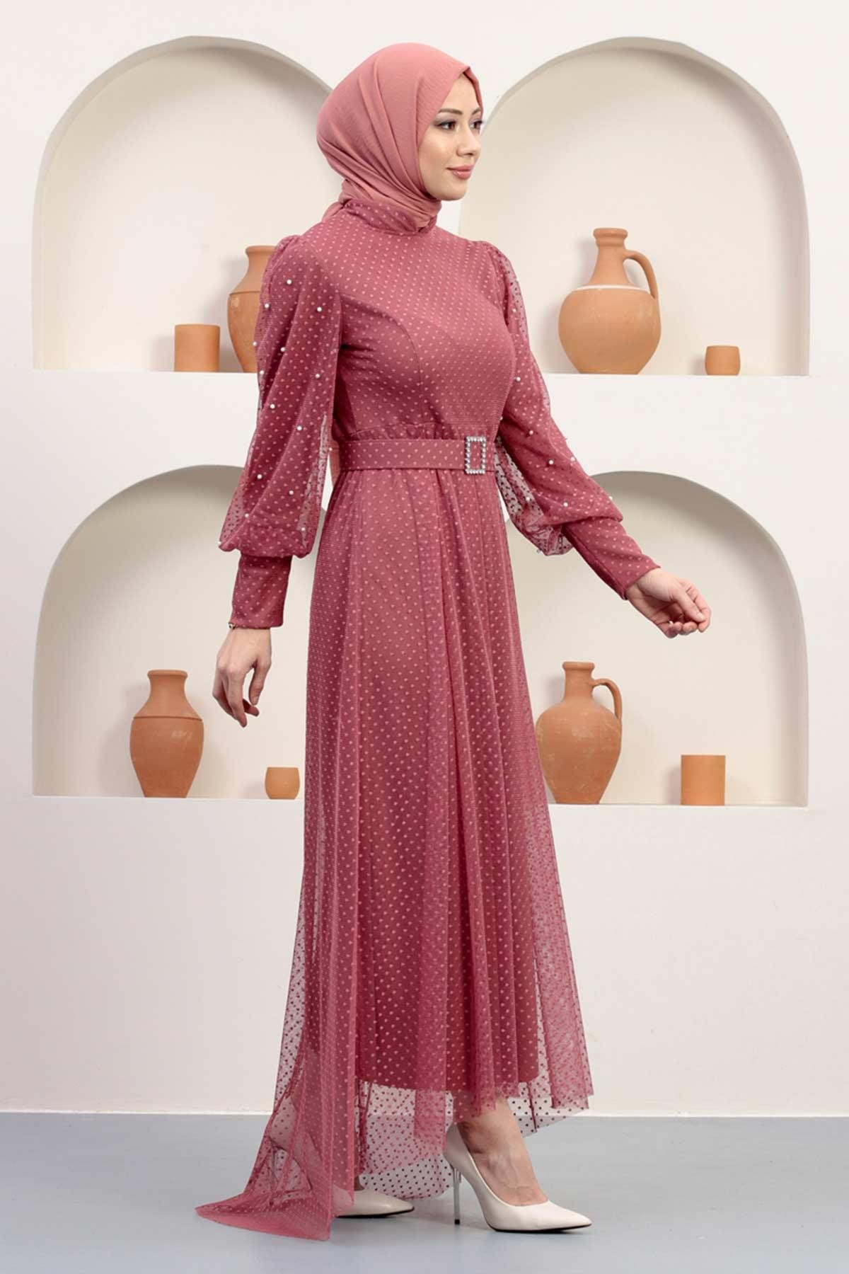 Kemeri Taşlı Tül Abiye Gül Kurusu 12242