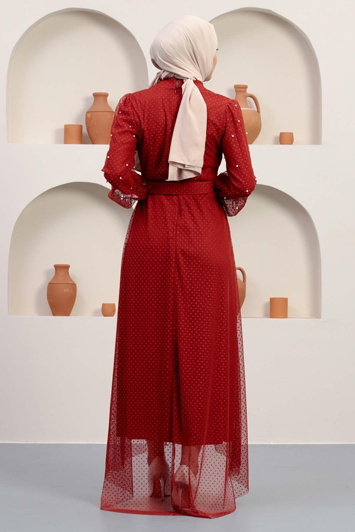 Kemeri Taşlı Tül Abiye Kiremit 12242