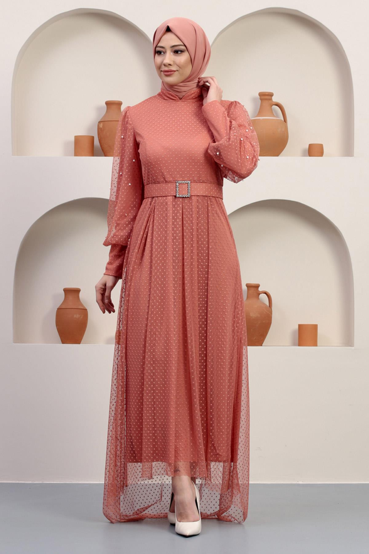 Kemeri Taşlı Tül Abiye Somon 12242