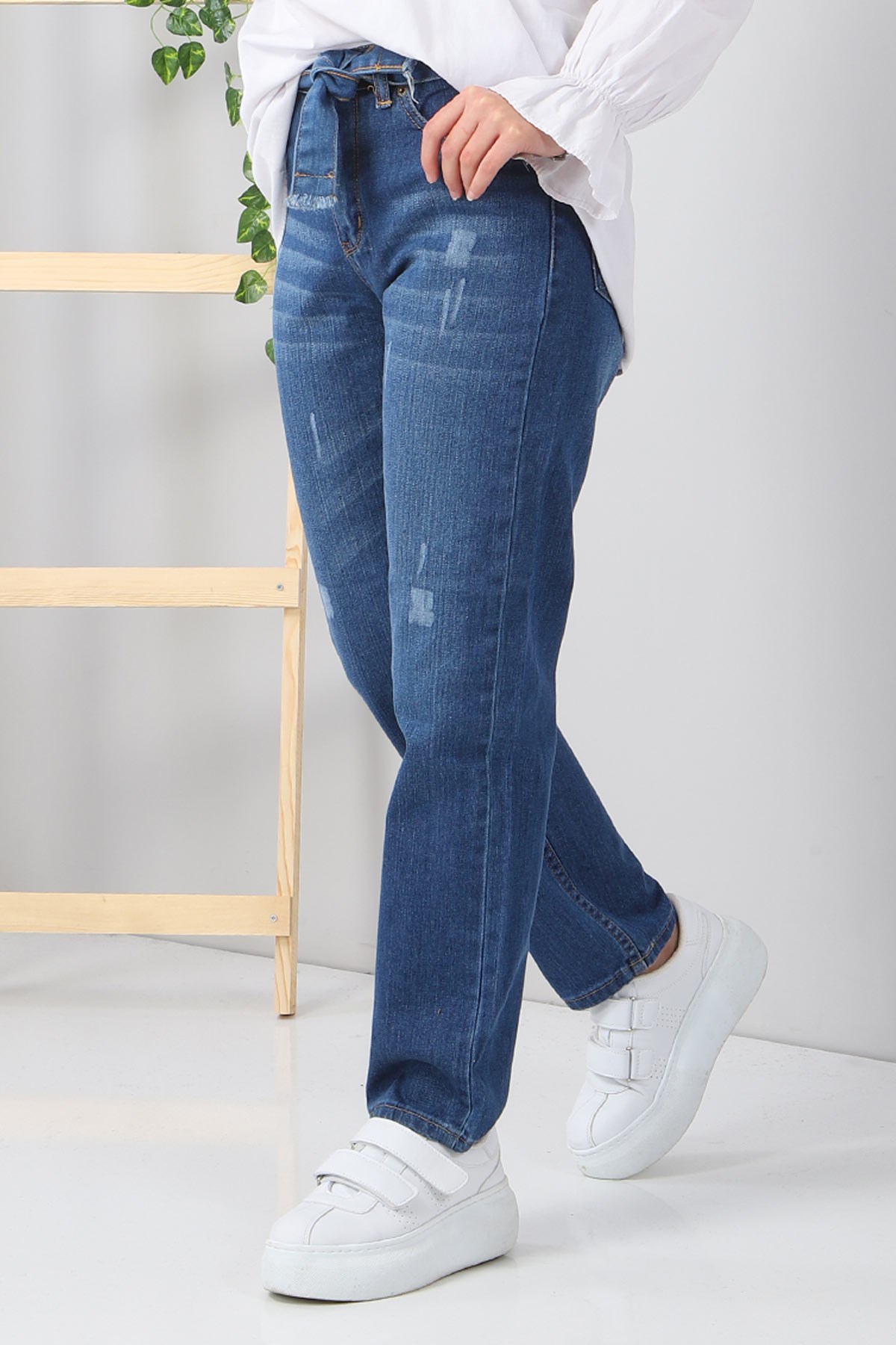 Kemerli Boyfriend Büyük Beden Kot Pantolon Koyu Kot 6007