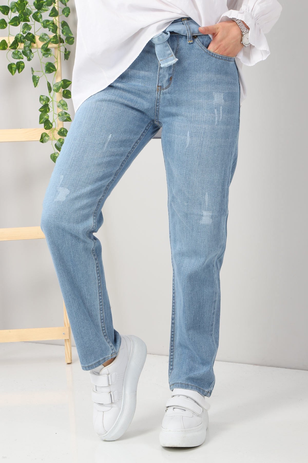 Kemerli Boyfriend Büyük Beden Kot Pantolon Açık Kot 6007