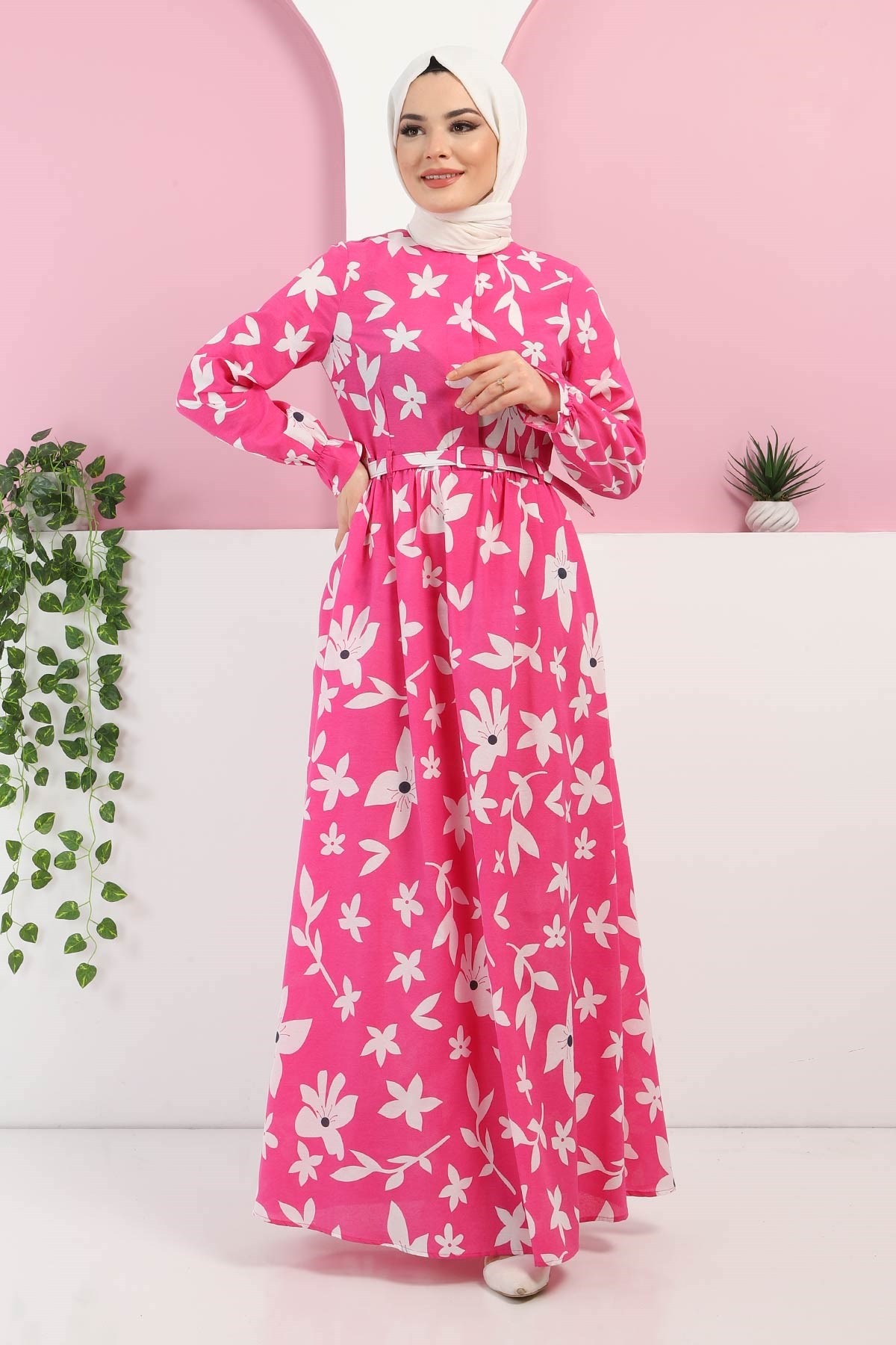 Kemerli Çiçekli Elbise Pembe 10433