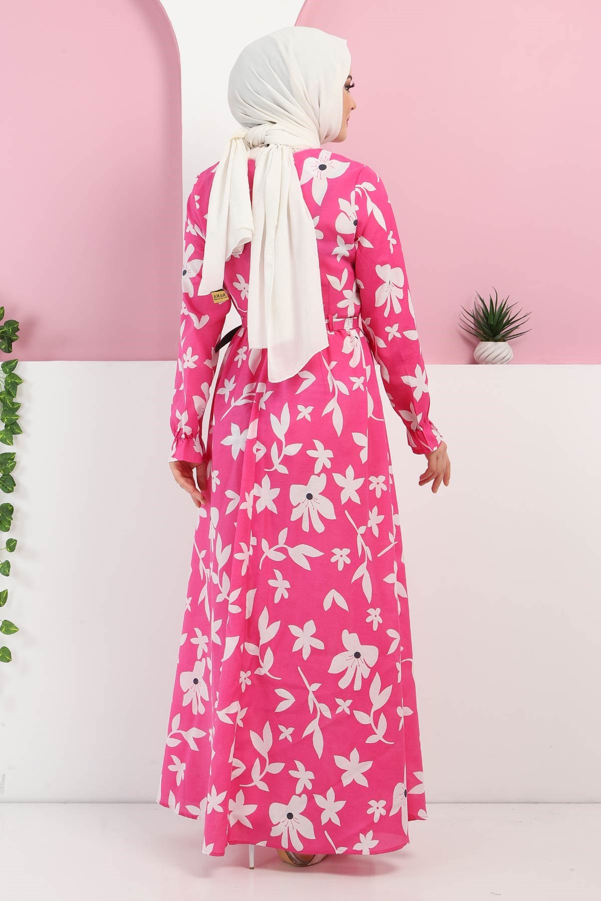 Kemerli Çiçekli Elbise Pembe 10433