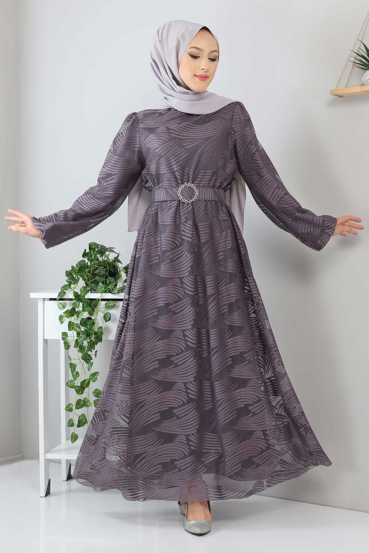 Kemerli Dantelli Elbise Antrasit 13300