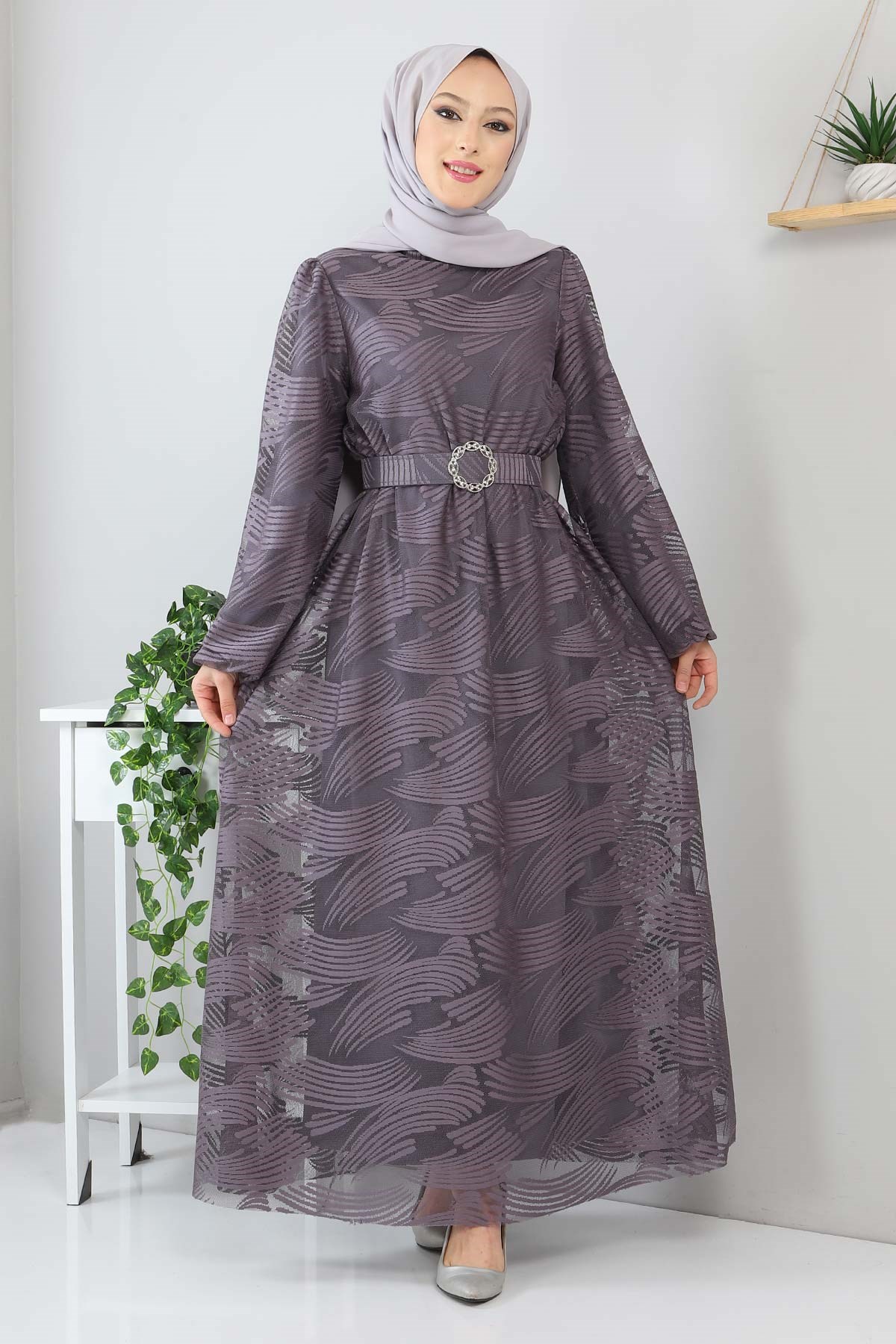 Kemerli Dantelli Elbise Antrasit 13300