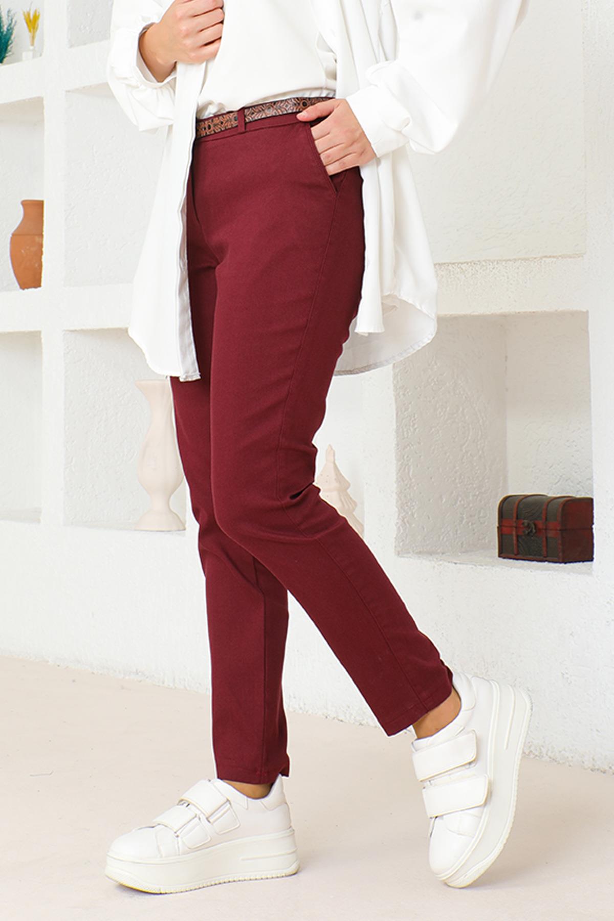 Kemerli Dar Paça Pantolon Bordo 6109