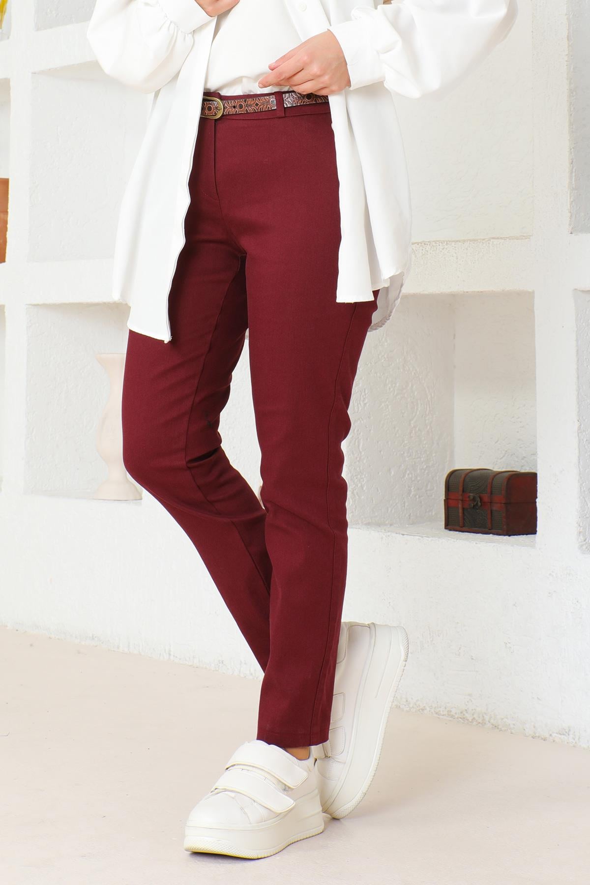 Kemerli Dar Paça Pantolon Bordo 6109