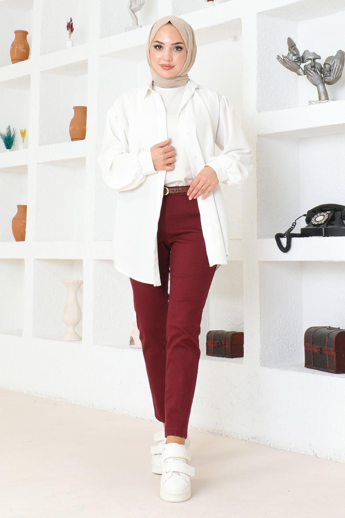 Kemerli Dar Paça Pantolon Bordo 6109