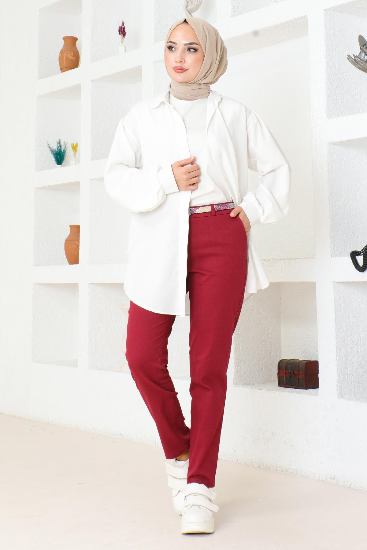 Kemerli Dar Paça Pantolon Kırmızı 6109