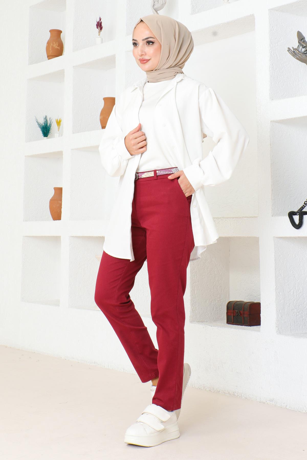 Kemerli Dar Paça Pantolon Kırmızı 6109