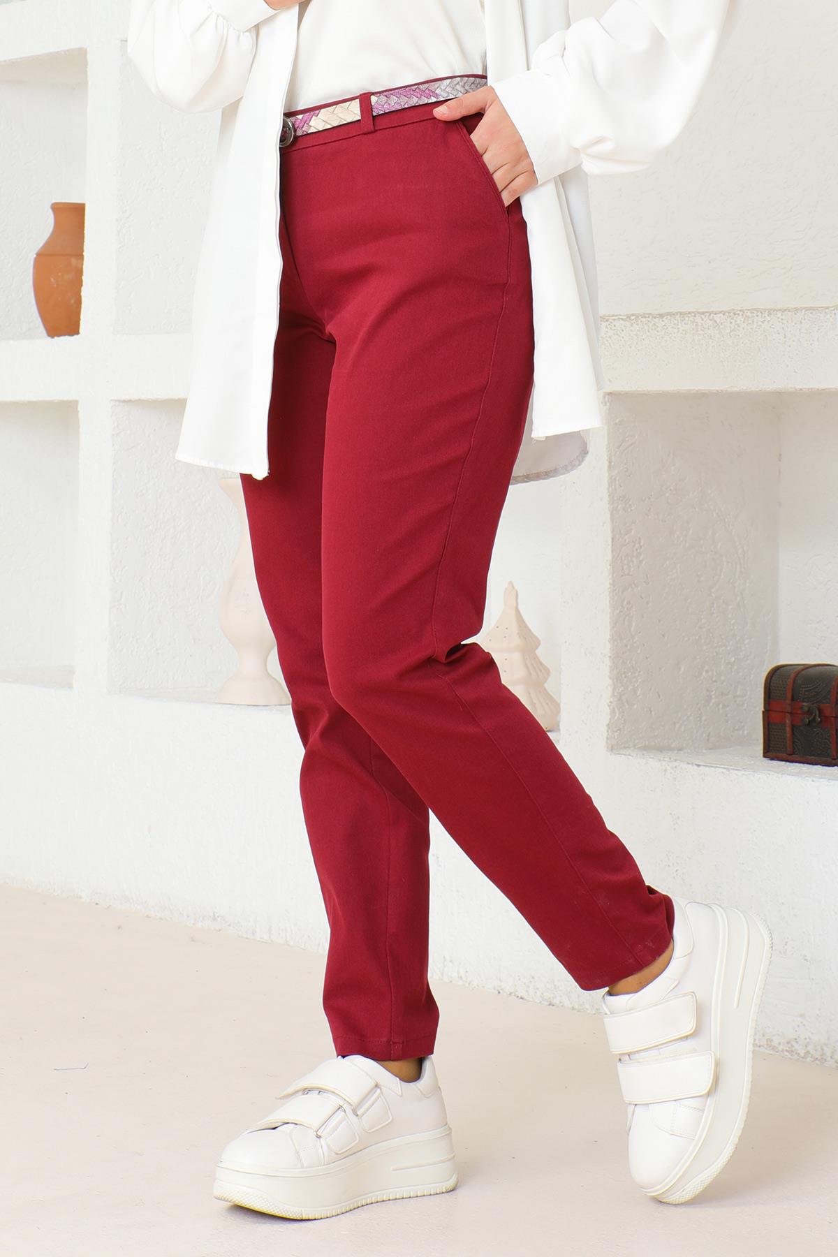 Kemerli Dar Paça Pantolon Kırmızı 6109