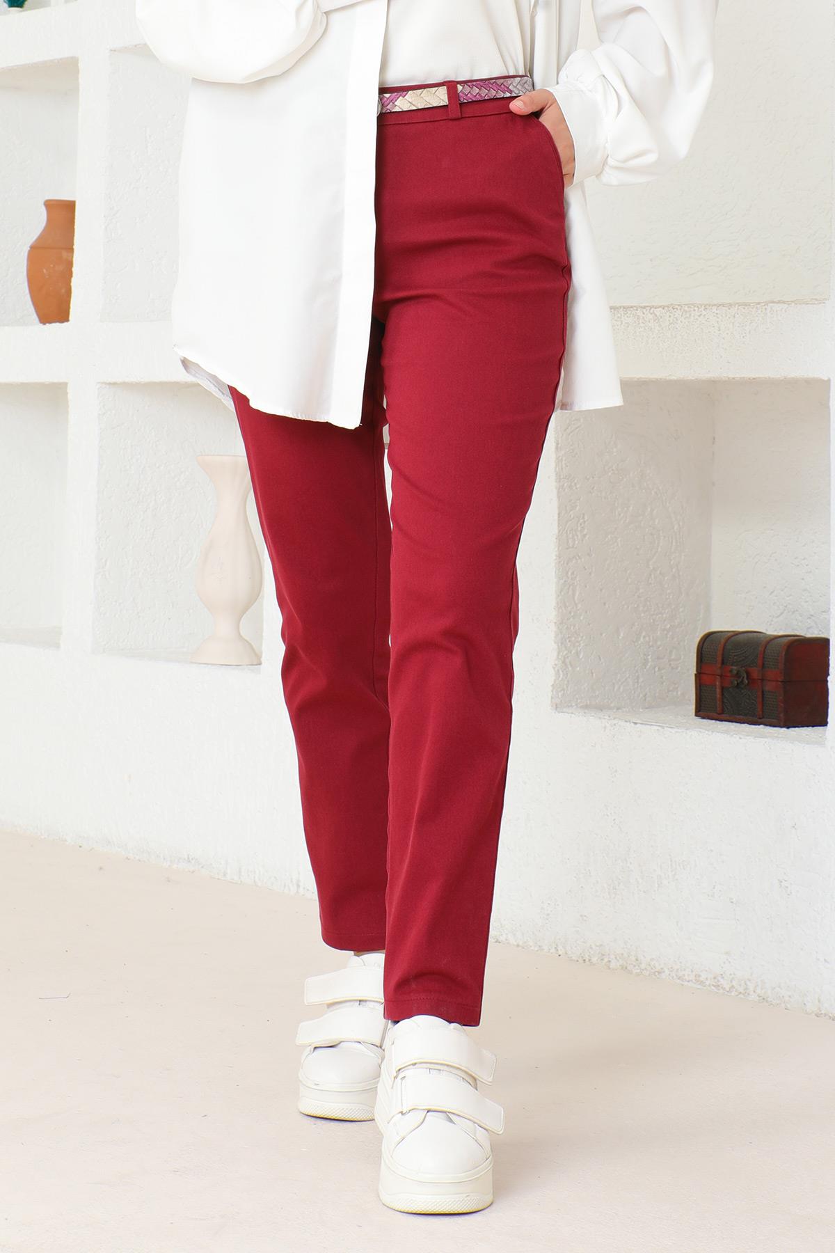 Kemerli Dar Paça Pantolon Kırmızı 6109
