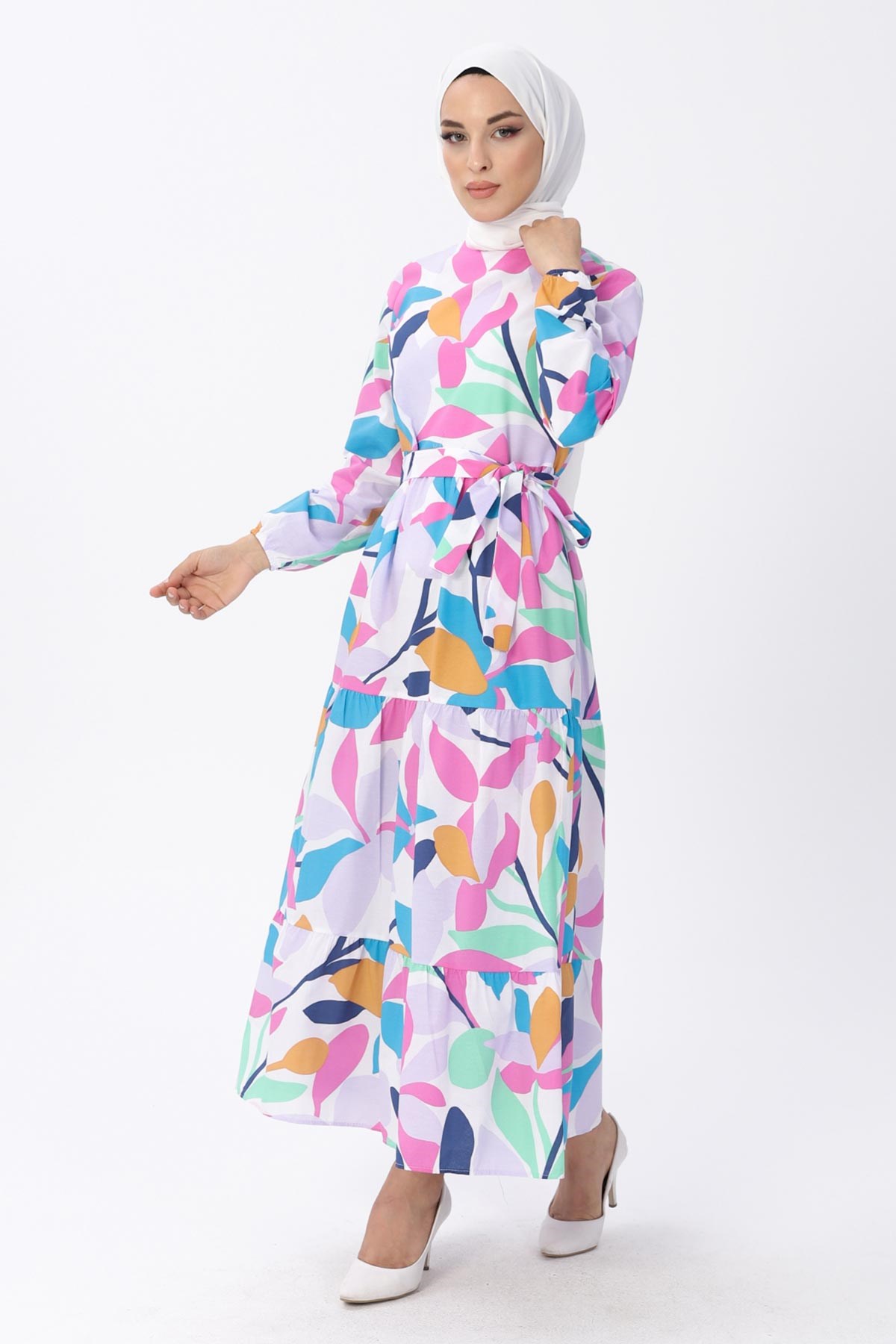 Kemerli Desenli Elbise Lila 13601