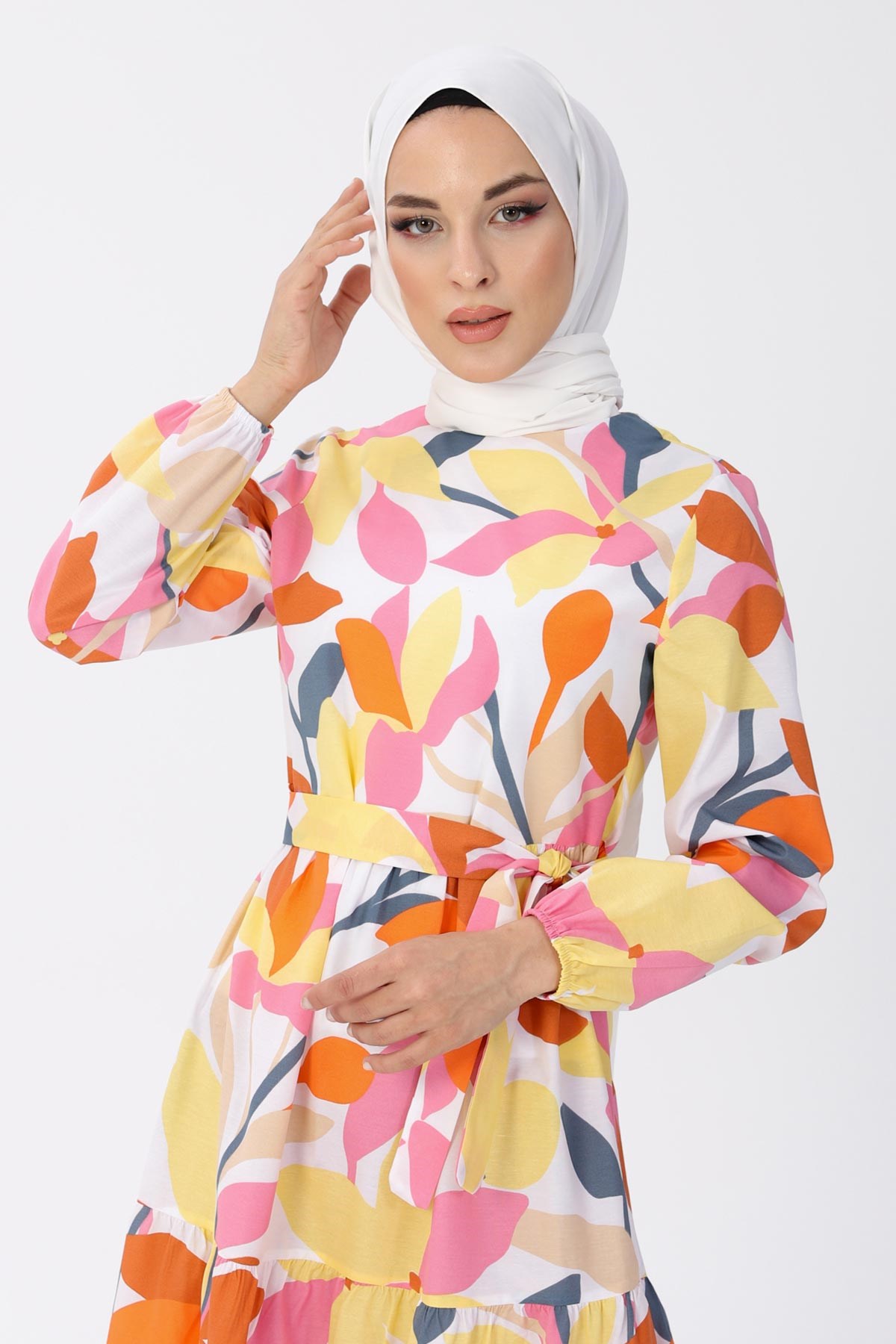 Kemerli Desenli Elbise Sarı 13601