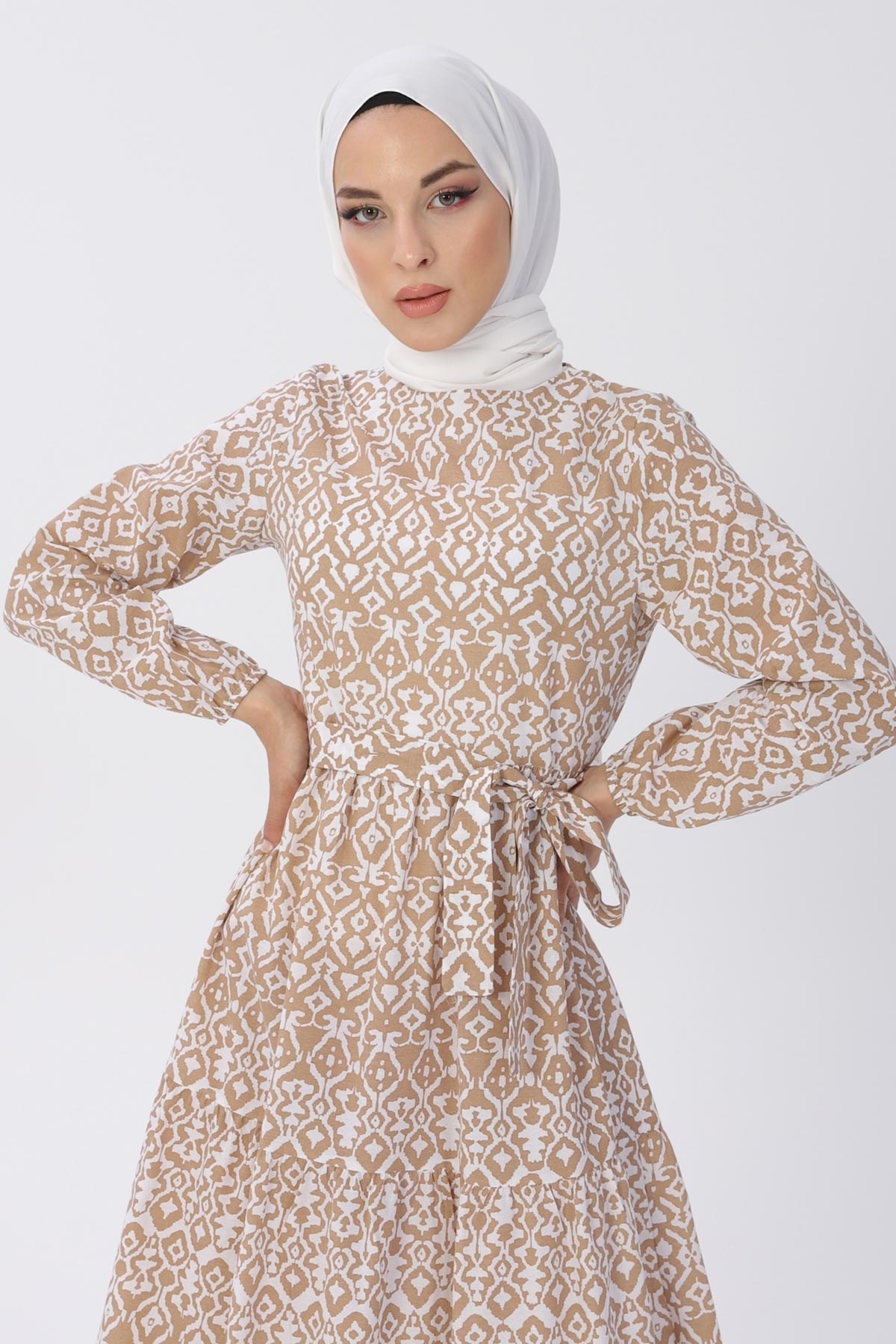 Kemerli Desenli Elbise Vizon 13601