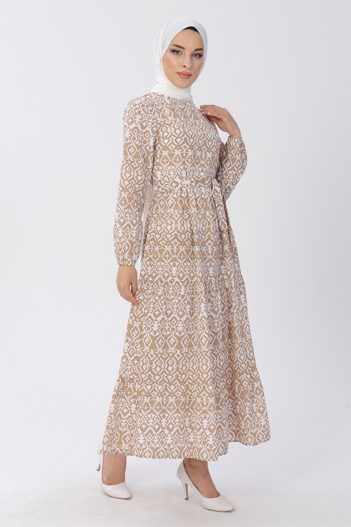 Kemerli Desenli Elbise Vizon 13601