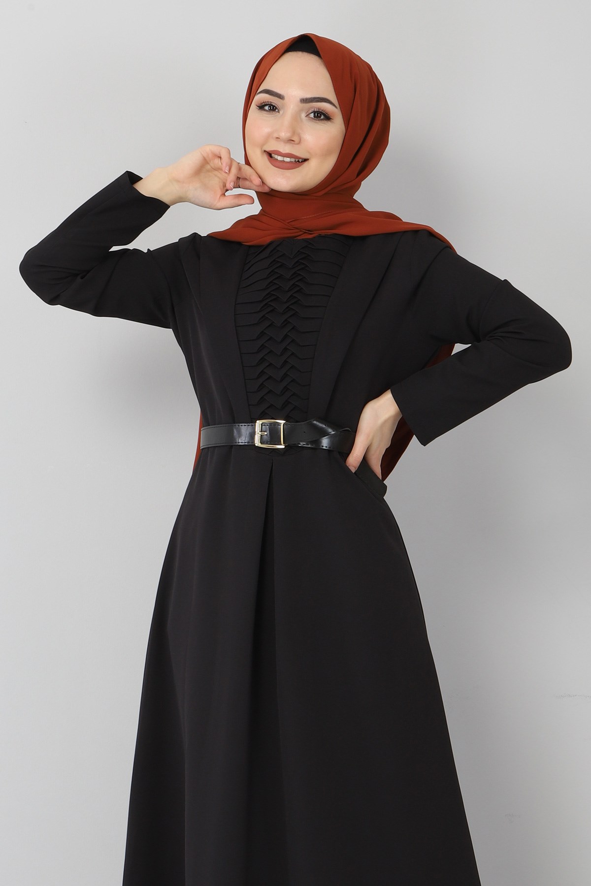 Kemerli Drapeli Elbise Siyah 9910