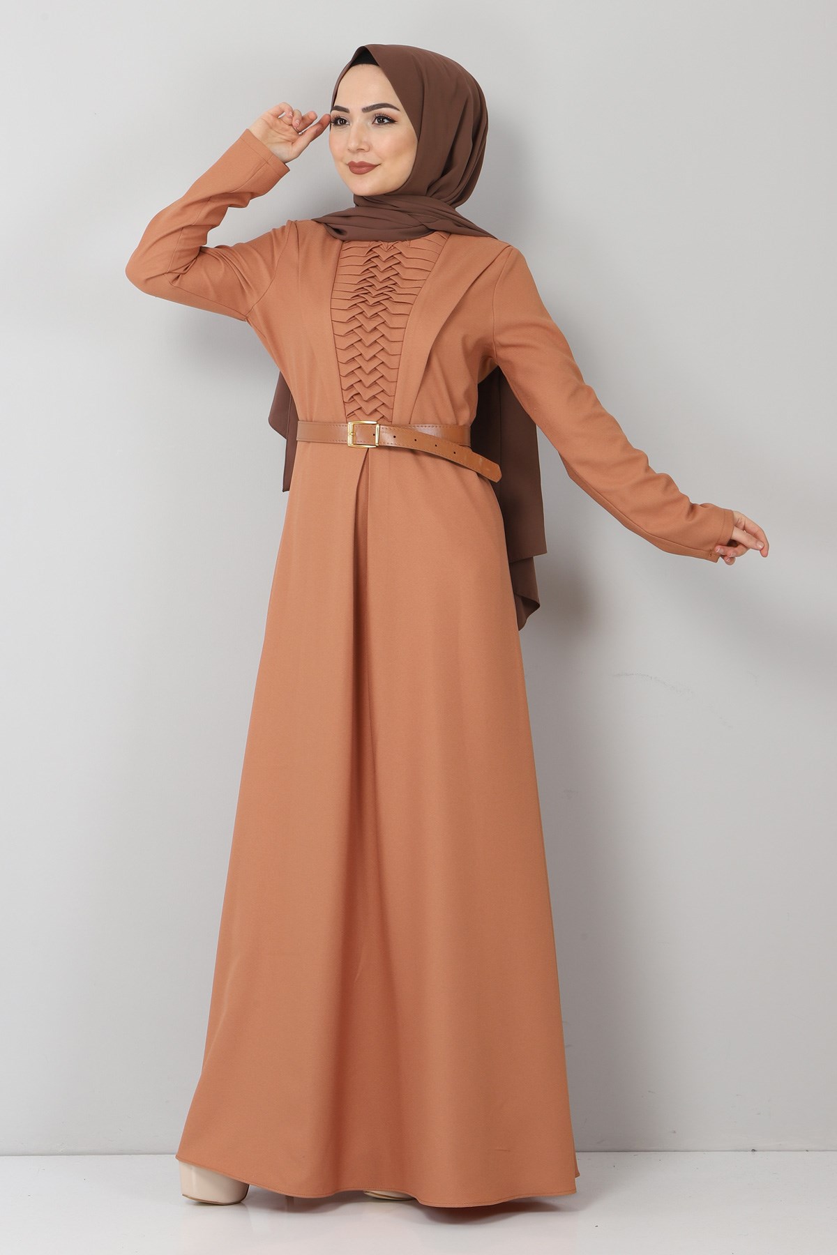 Kemerli Drapeli Elbise Taba 9910