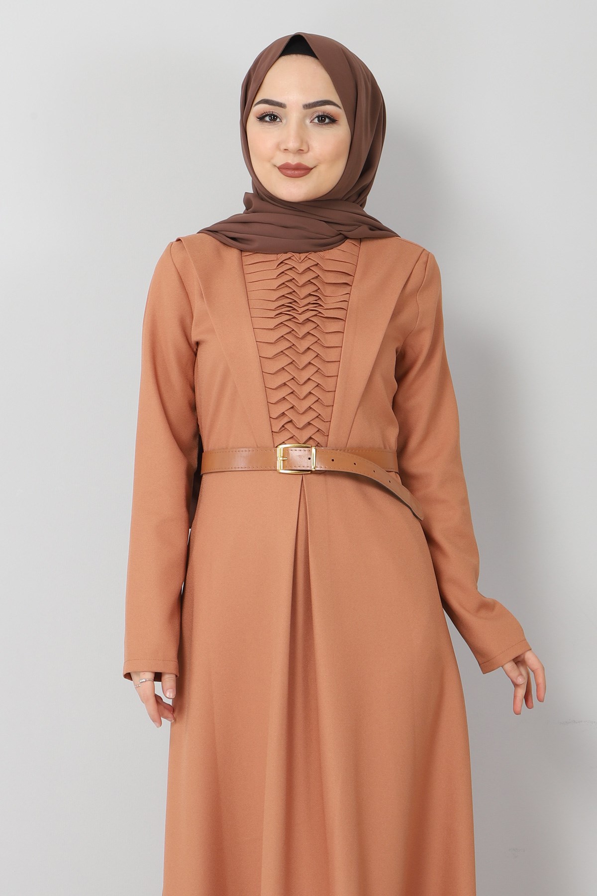 Kemerli Drapeli Elbise Taba 9910