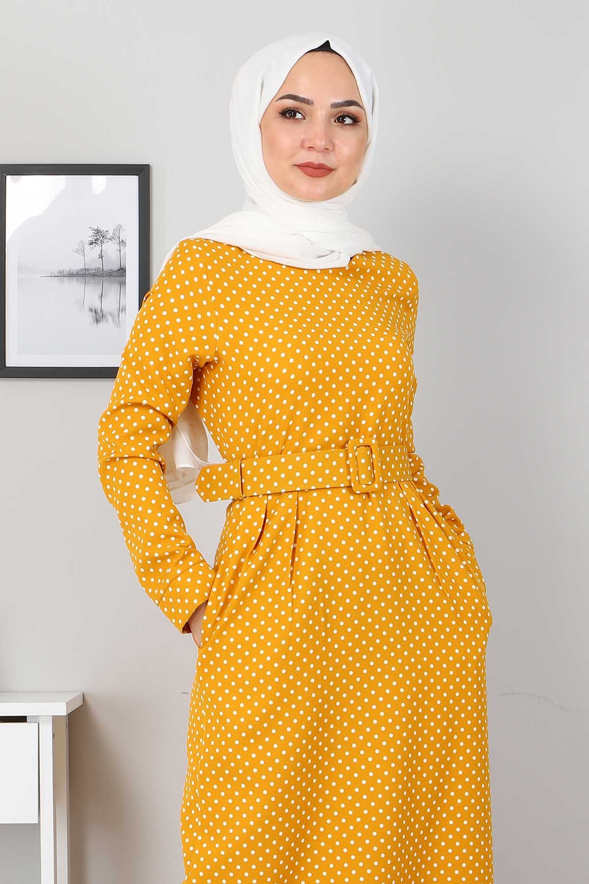 Kemerli Pileli Elbise Hardal 9512