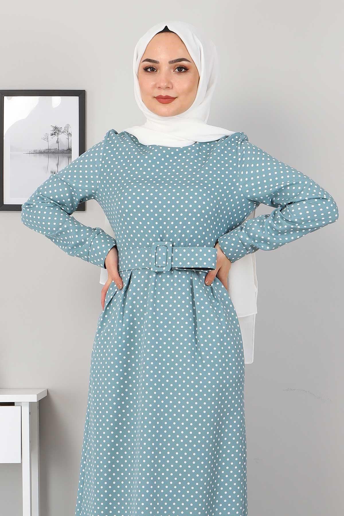 Kemerli Pileli Elbise Mint 9512