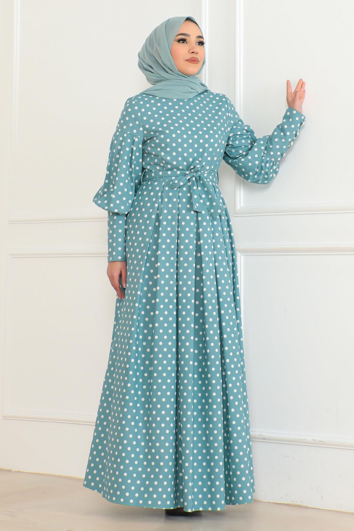 Kemerli Puantiyeli Elbise Mint 6129