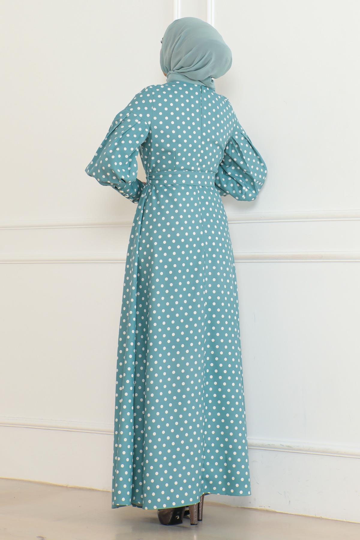 Kemerli Puantiyeli Elbise Mint 6129