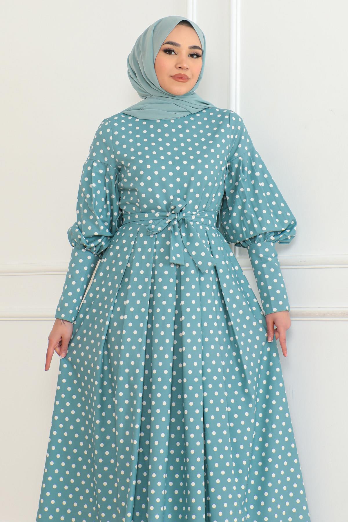 Kemerli Puantiyeli Elbise Mint 6129