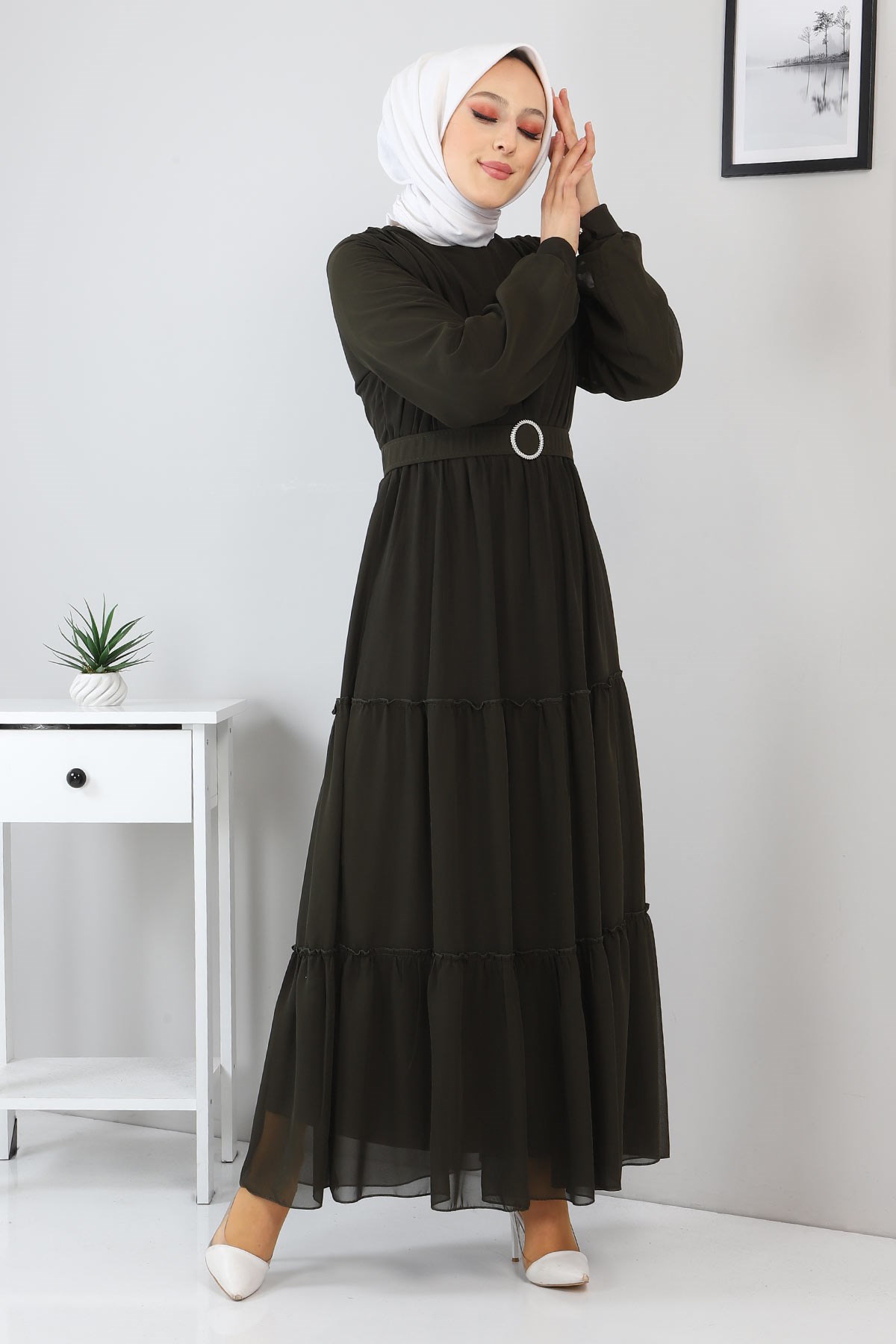 Kemerli Şifon Elbise Haki 12700