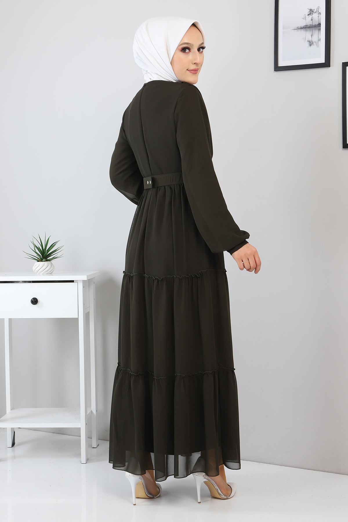 Kemerli Şifon Elbise Haki 12700