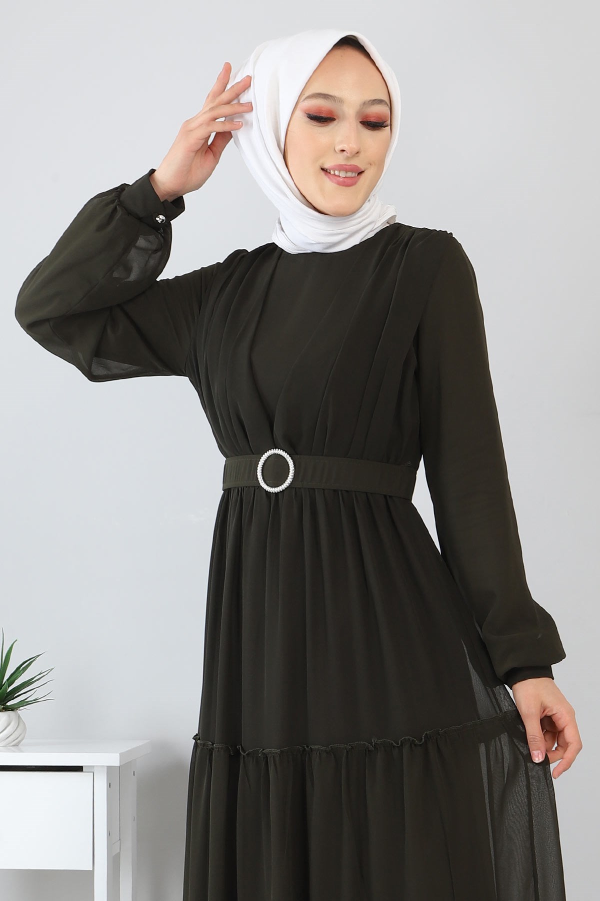 Kemerli Şifon Elbise Haki 12700